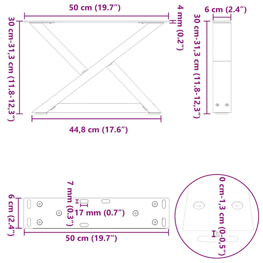 Salontafelpoten 2 st 50x(30-31,3) cm staal naturel