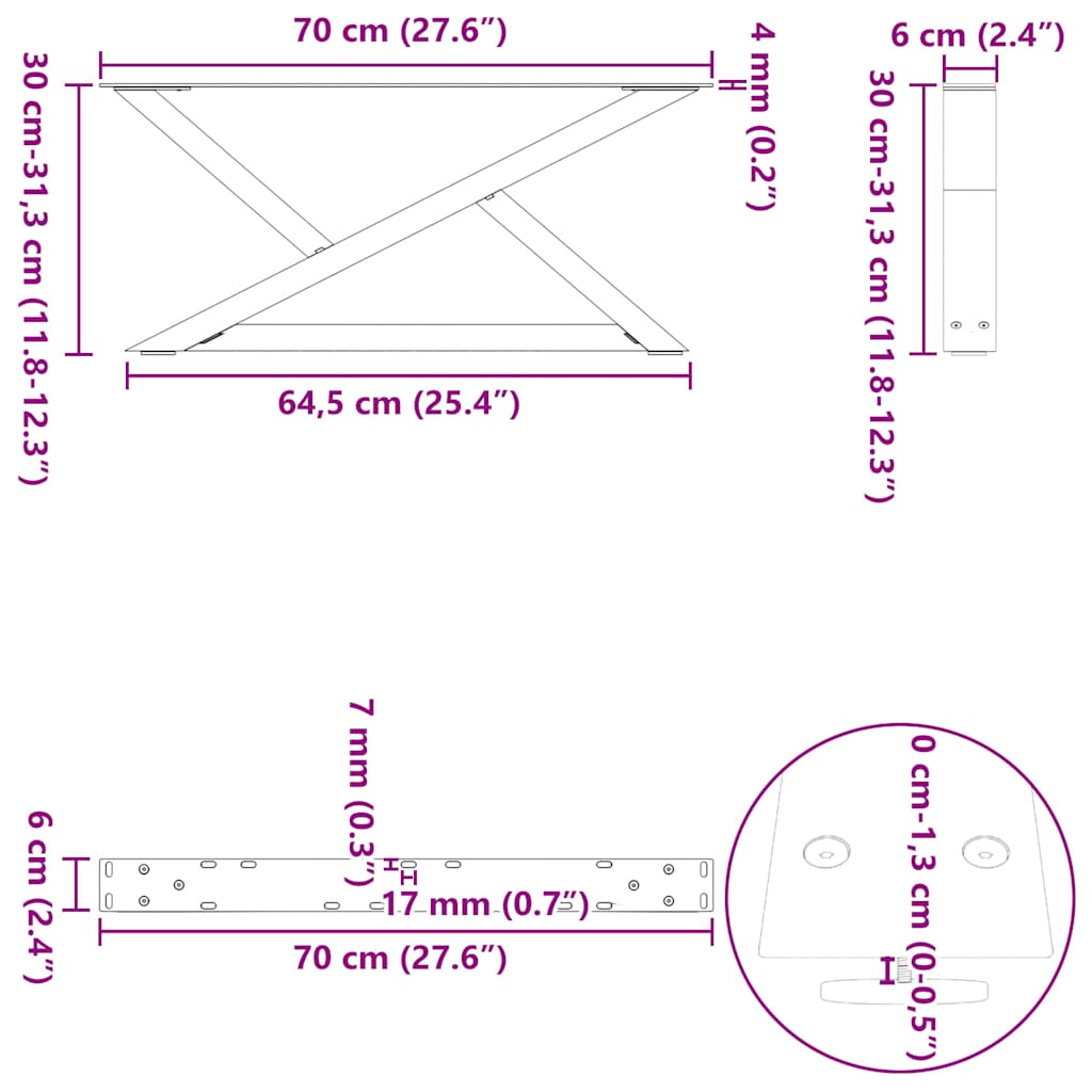Salontafelpoten 2 st 70x(30-31,3) cm staal wit