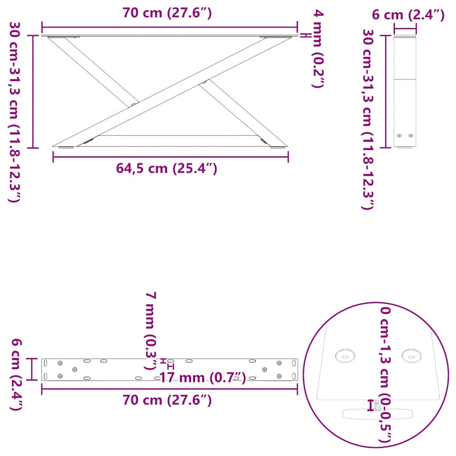Salontafelpoten 2 st 70x(30-31,3) cm staal wit