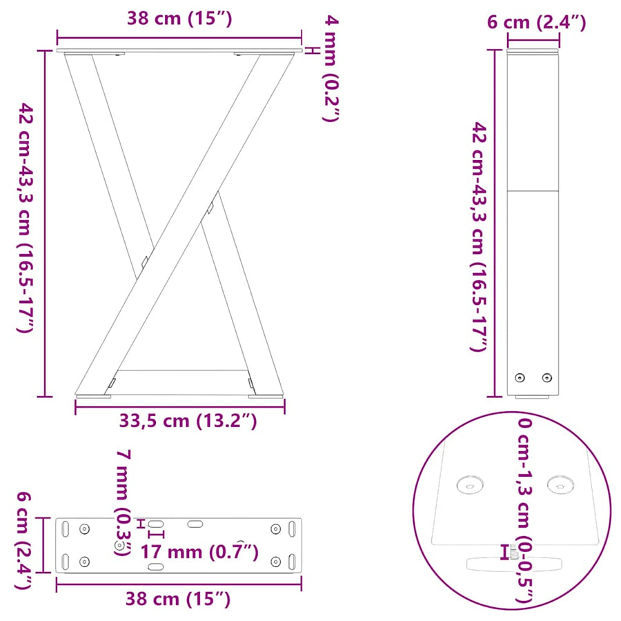 Salontafelpoten 2 st 38x(42-43,3) cm staal zwart