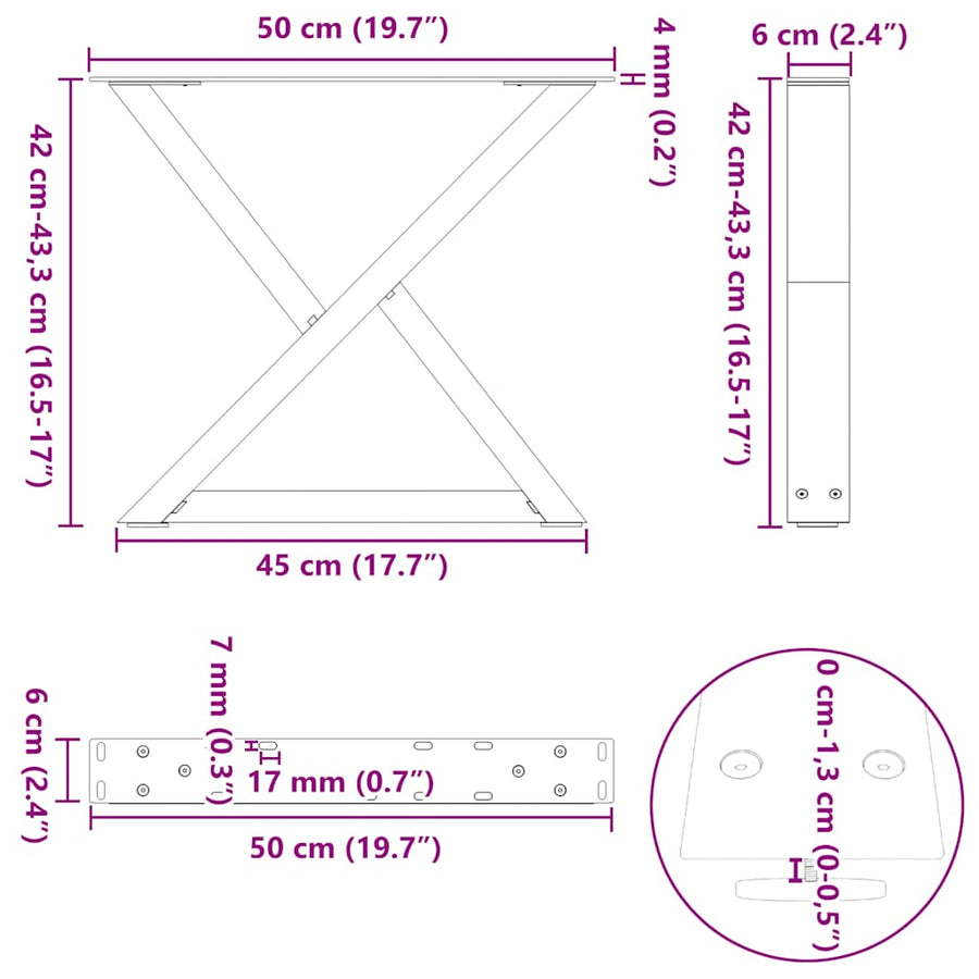 Salontafelpoten 2 st 50x(42-43,3) cm staal wit