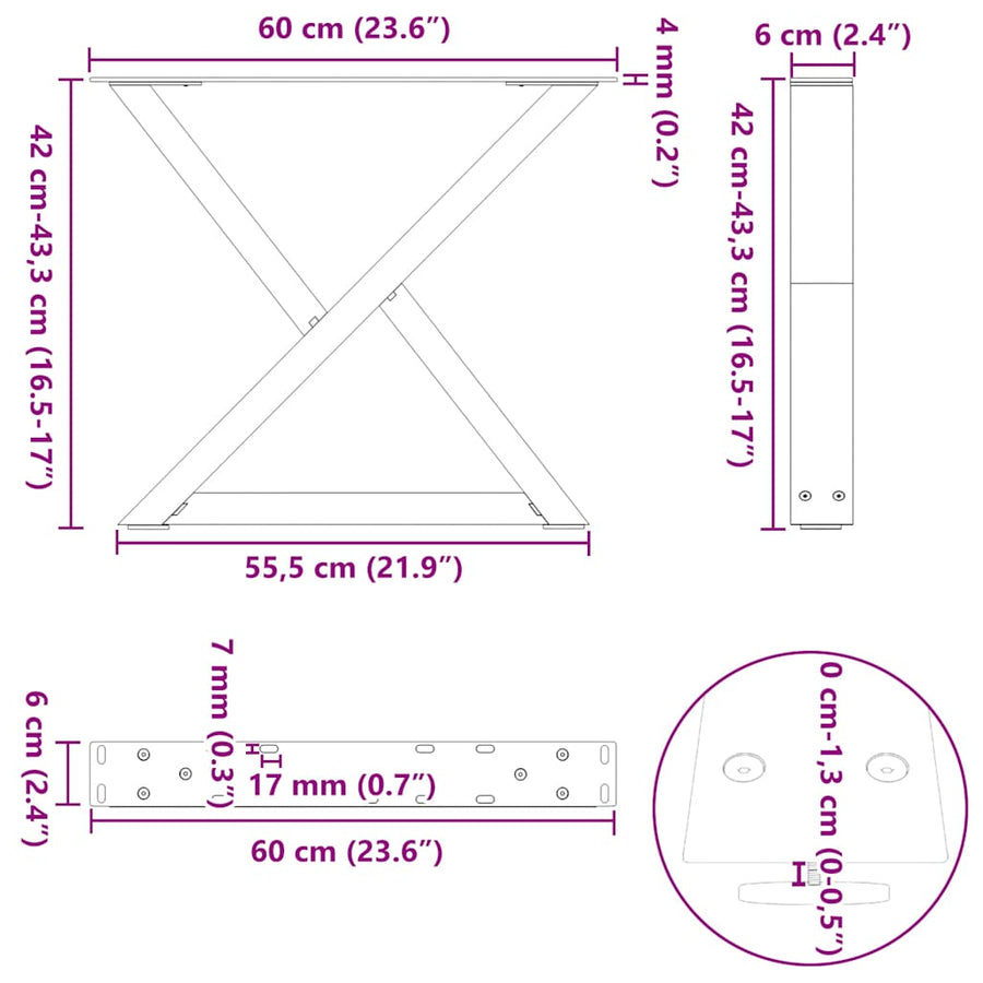 Salontafelpoten 2 st 60x(42-43,3) cm staal wit