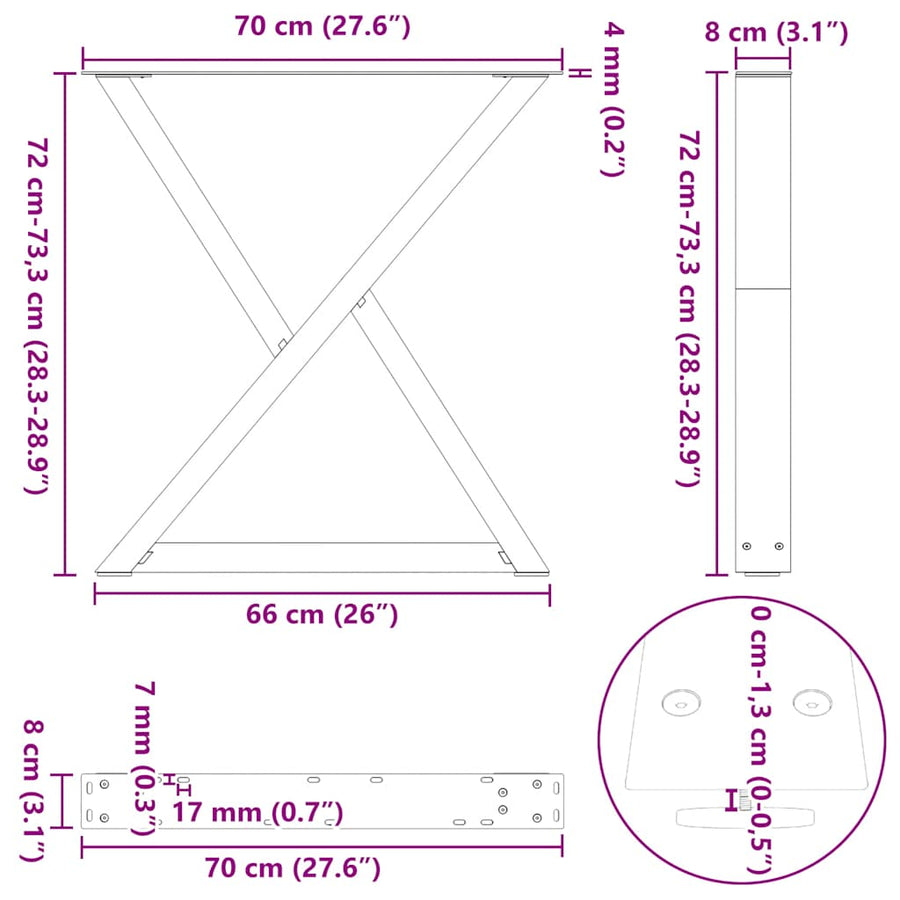 Eettafelpoten 2 st 70x(72-73,3) cm staal antraciet