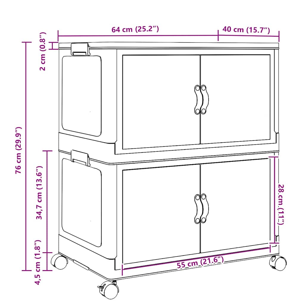 Opbergbox stapelbaar met wielen 2-laags 75 L 65x40x76 cm