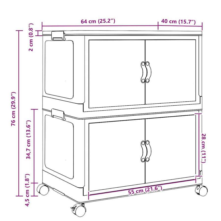 Opbergbox stapelbaar met wielen 2-laags 75 L 65x40x76 cm