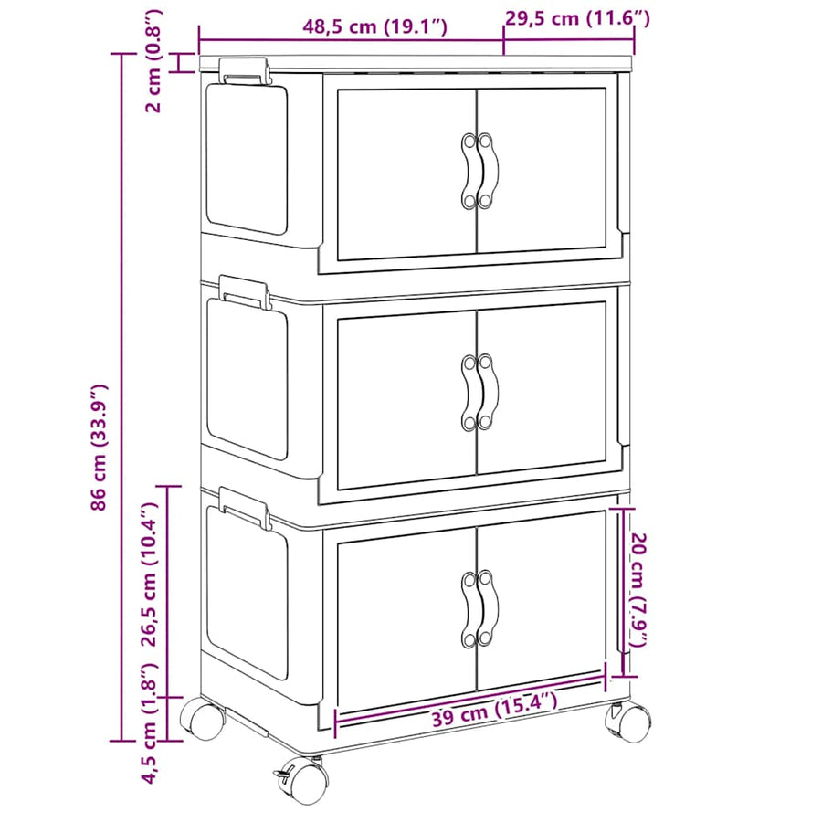 Opbergbox stapelbaar met wielen 3-laags 28 L 48,5x29,5x86 cm