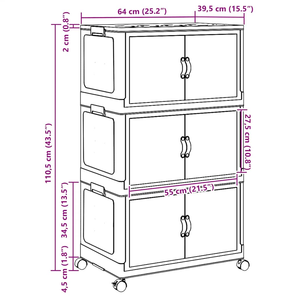 Opbergbox stapelbaar met wielen 3-laags 75 L 69x39,5x110,5 cm