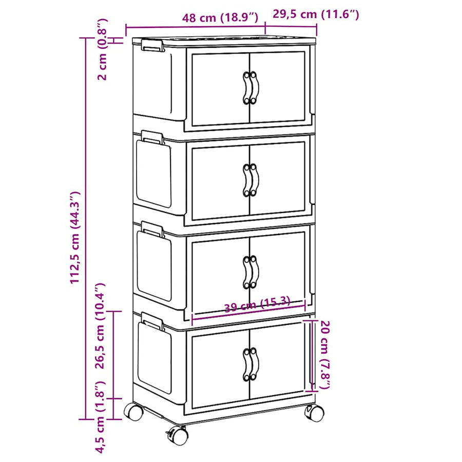 Opbergbox stapelbaar met wielen 4-laags 28 L 48,5x29,5x112,5 cm