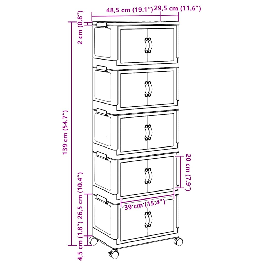 Opbergbox stapelbaar met wielen 5-laags 28 L 48,5x29,5x139 cm