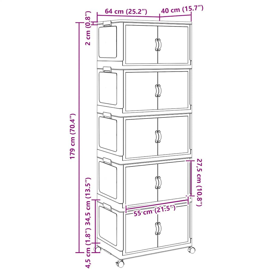 Opbergbox stapelbaar met wielen 5-laags 75 L 65x40x179 cm