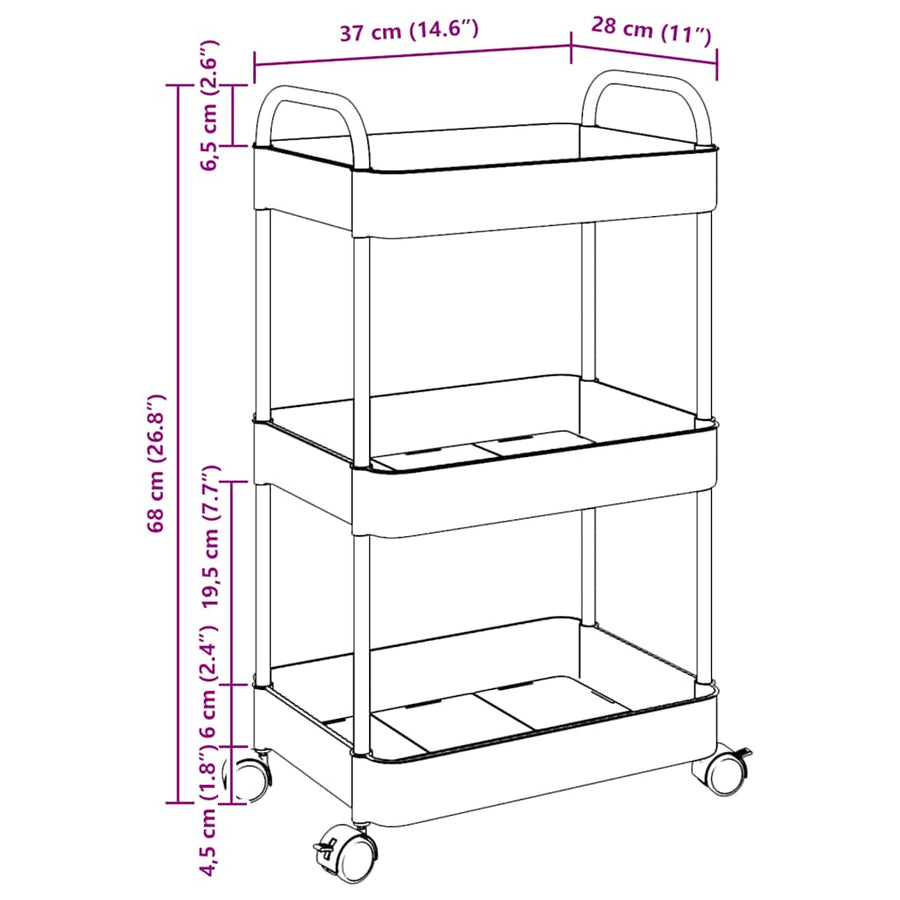 Opbergtrolley 3-laags 37x28x68 cm acryl transparant