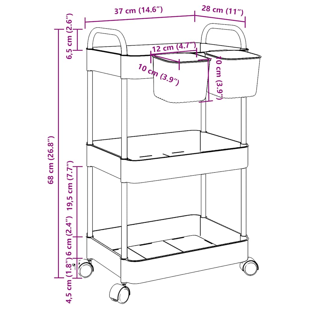 Opbergtrolley 3-laags 37x28x68 cm acryl transparant