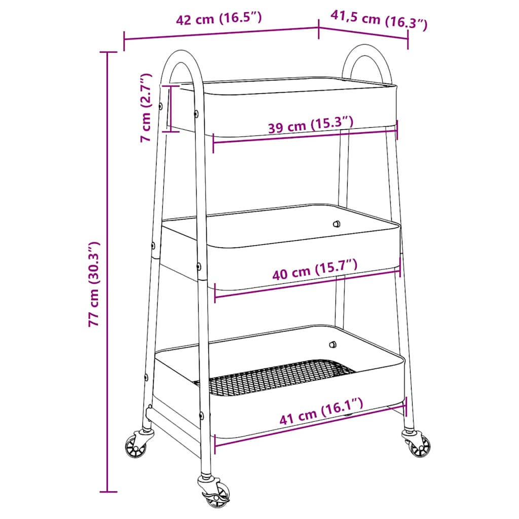 Opbergtrolley 3-laags 42x41,5x77 cm staal zwart