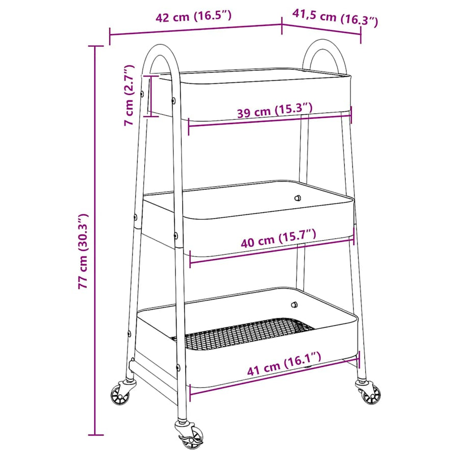 Opbergtrolley 3-laags 42x41,5x77 cm staal zwart