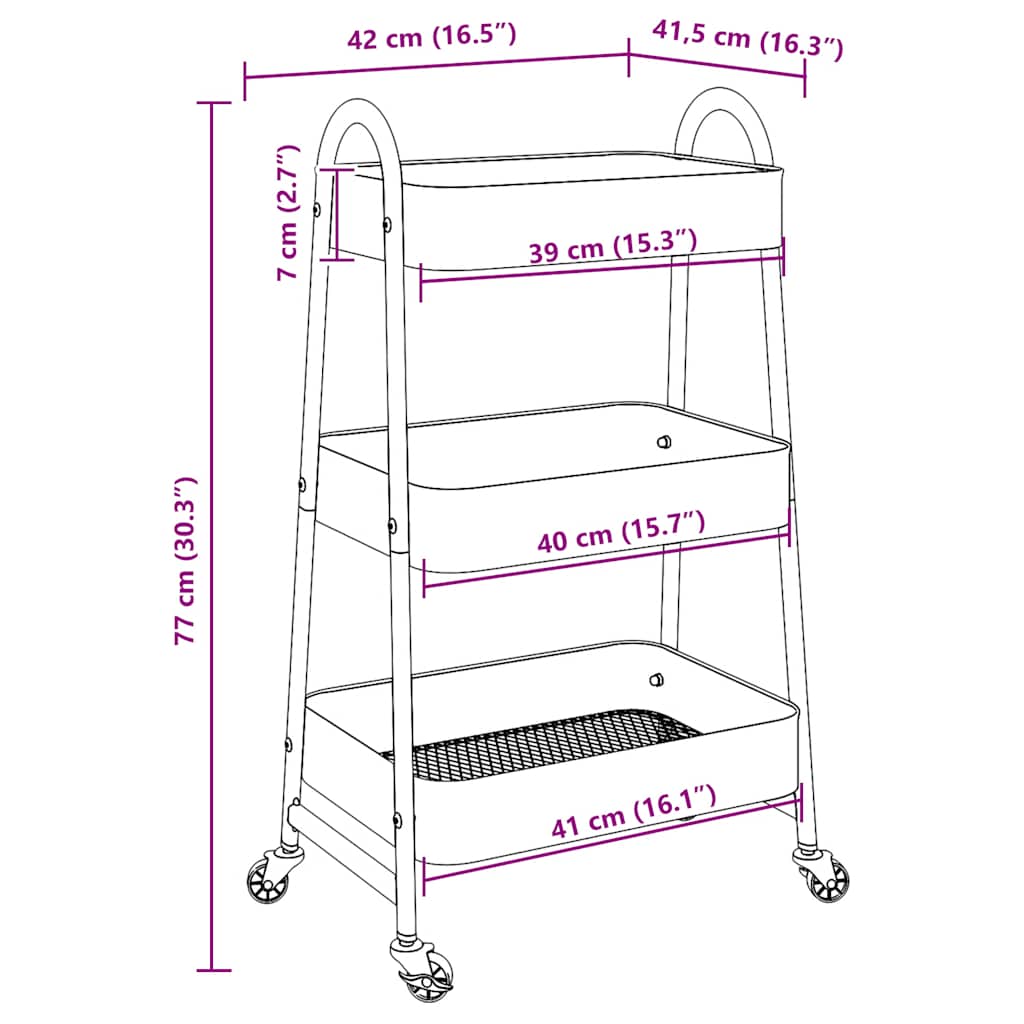 Opbergtrolley 3-laags 42x41,5x77 cm staal wit