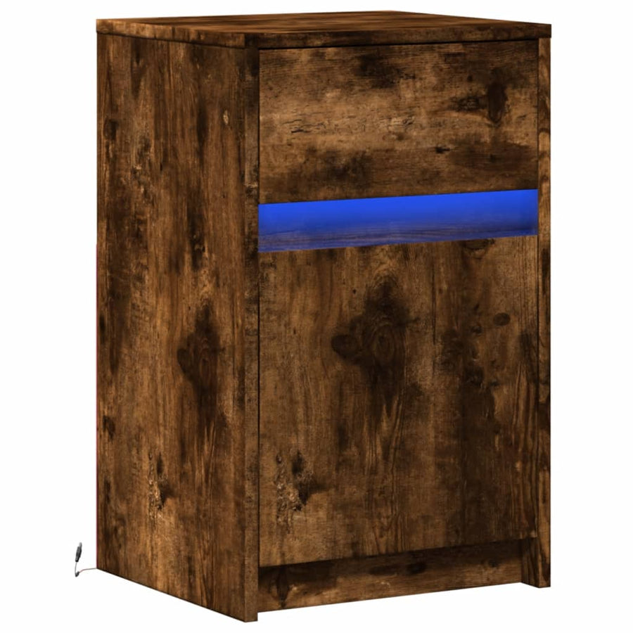 nachtkastje met LED-verlichting bewerkt hout gerookt eikenkleur