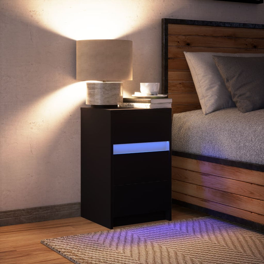 Nachtkastje met LED-verlichting bewerkt hout zwart