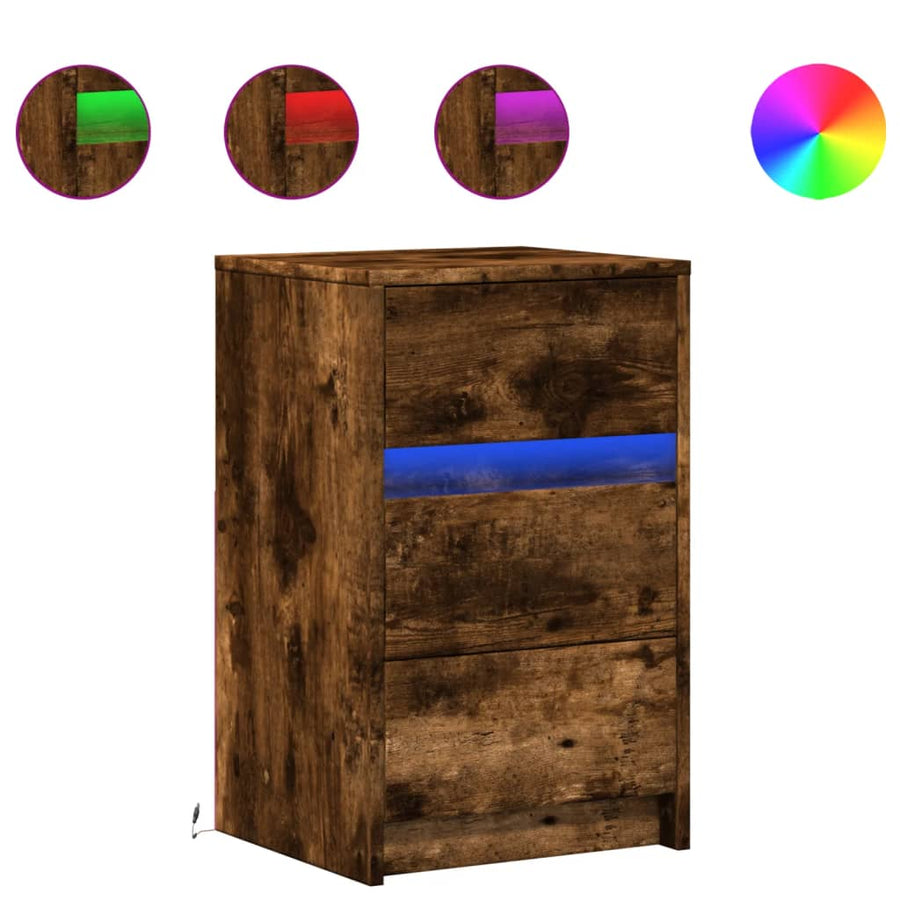 nachtkastje met LED-verlichting bewerkt hout gerookt eikenkleur