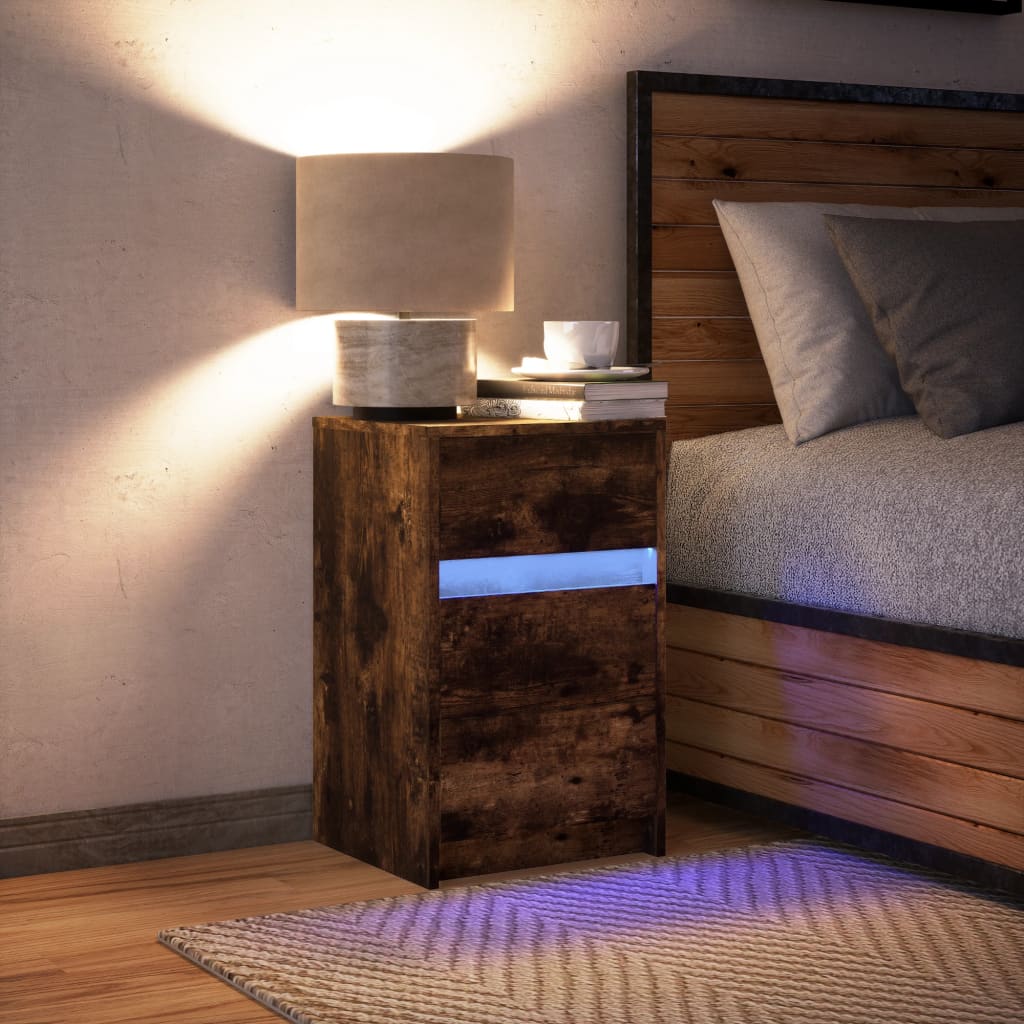 nachtkastje met LED-verlichting bewerkt hout gerookt eikenkleur