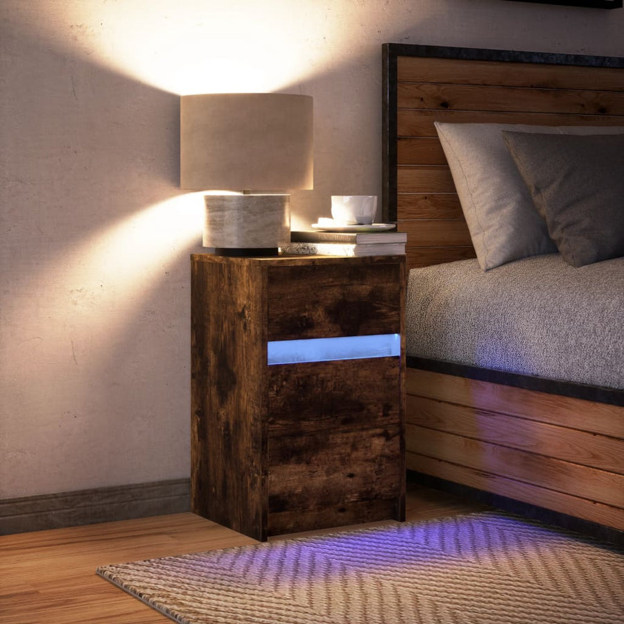 nachtkastje met LED-verlichting bewerkt hout gerookt eikenkleur