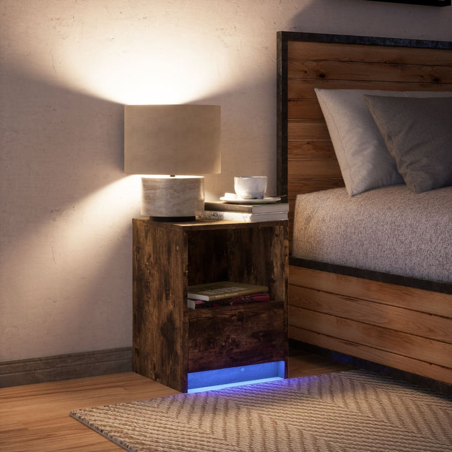 nachtkastje met LED-verlichting bewerkt hout gerookt eikenkleur