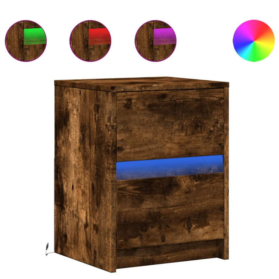 nachtkastje met LED-verlichting bewerkt hout gerookt eikenkleur