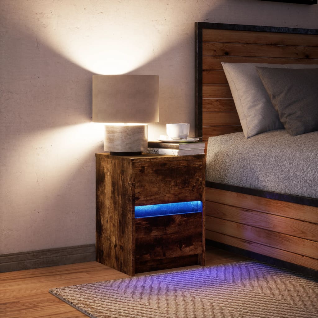 nachtkastje met LED-verlichting bewerkt hout gerookt eikenkleur