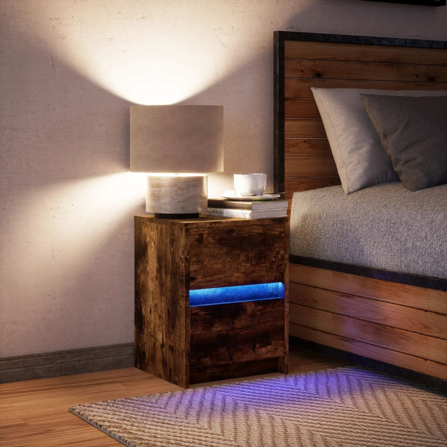 nachtkastje met LED-verlichting bewerkt hout gerookt eikenkleur