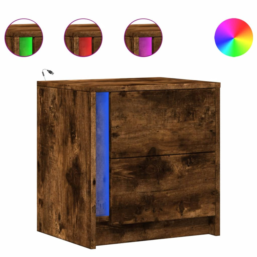 Nachtkastjes met LED 2 st bewerkt hout gerookt eikenkleurig
