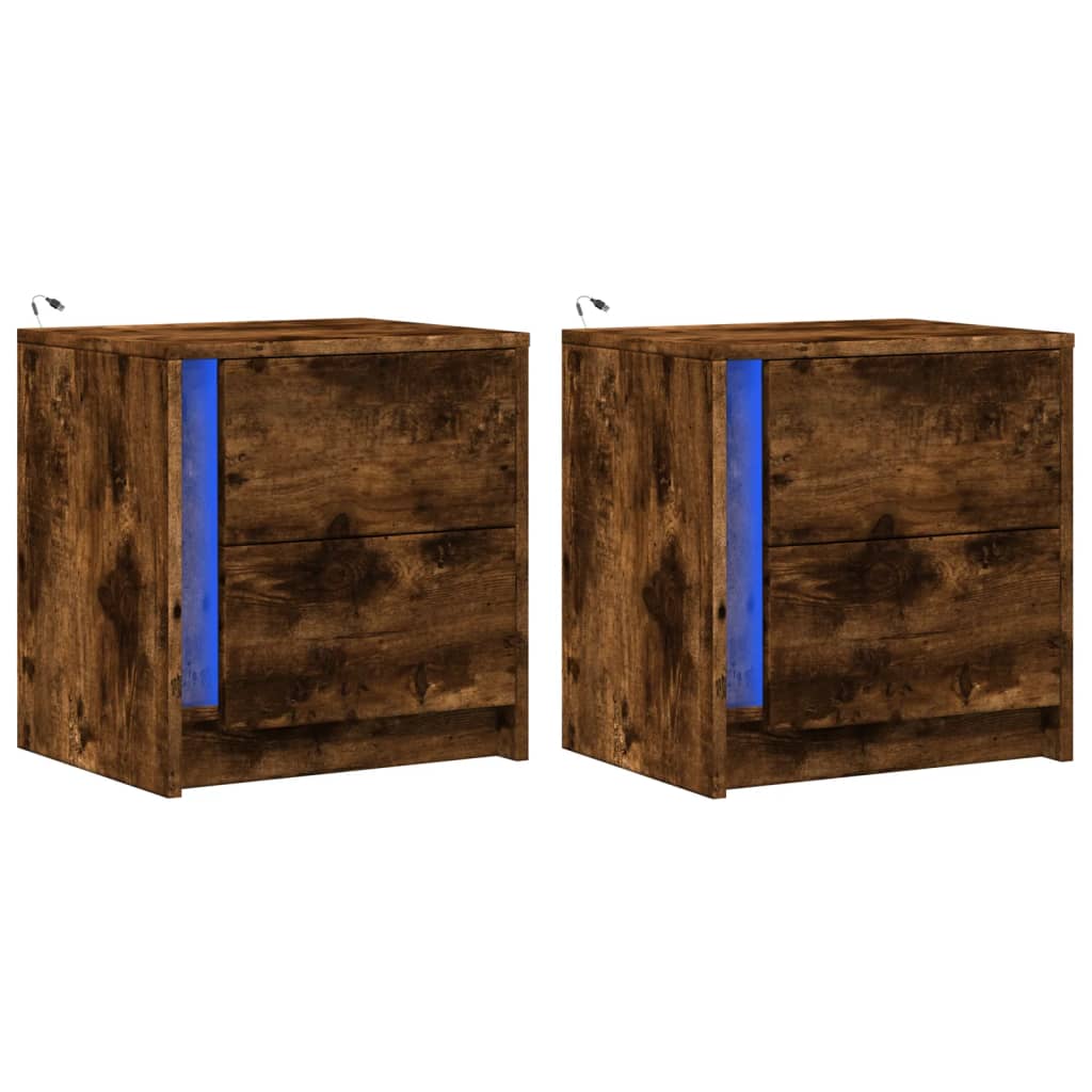 Nachtkastjes met LED 2 st bewerkt hout gerookt eikenkleurig