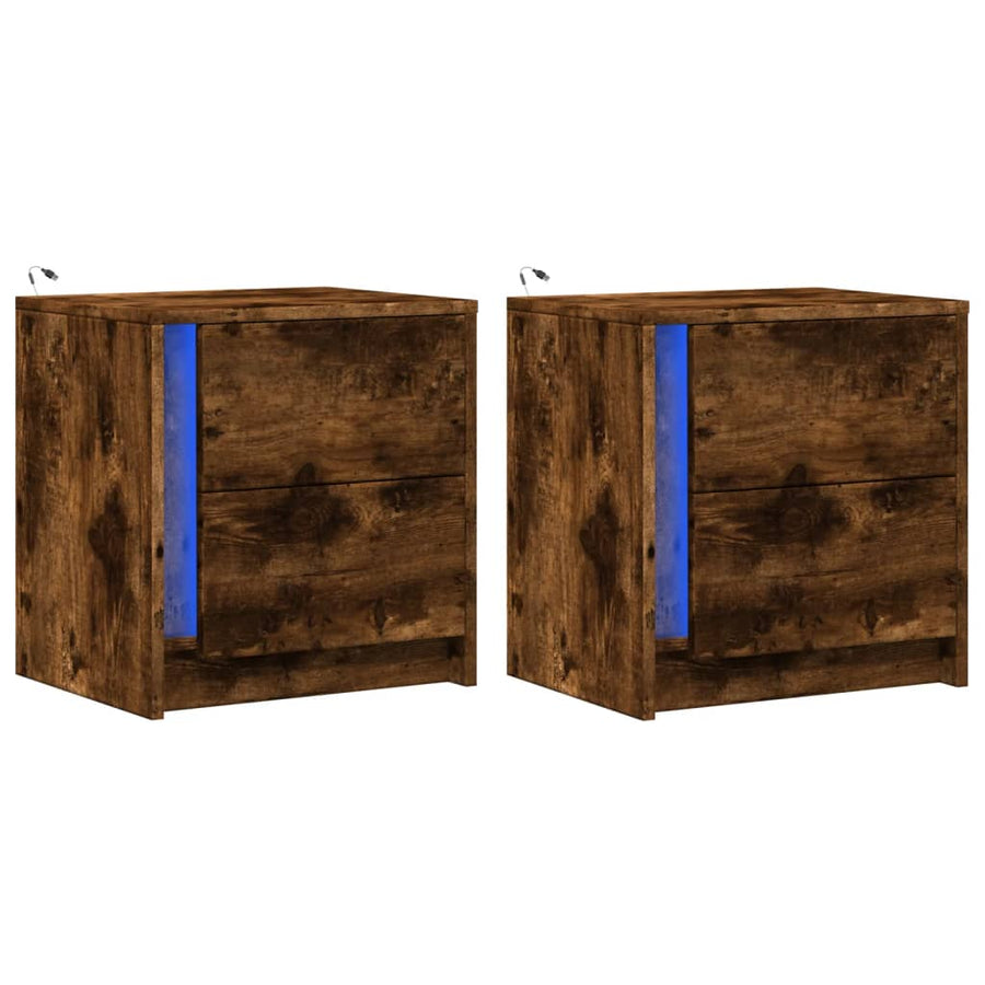 Nachtkastjes met LED 2 st bewerkt hout gerookt eikenkleurig
