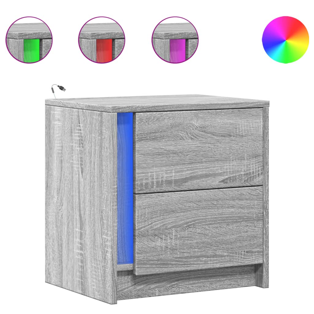 Nachtkastjes met LED-verlichting 2 st bewerkt hout grijs sonoma