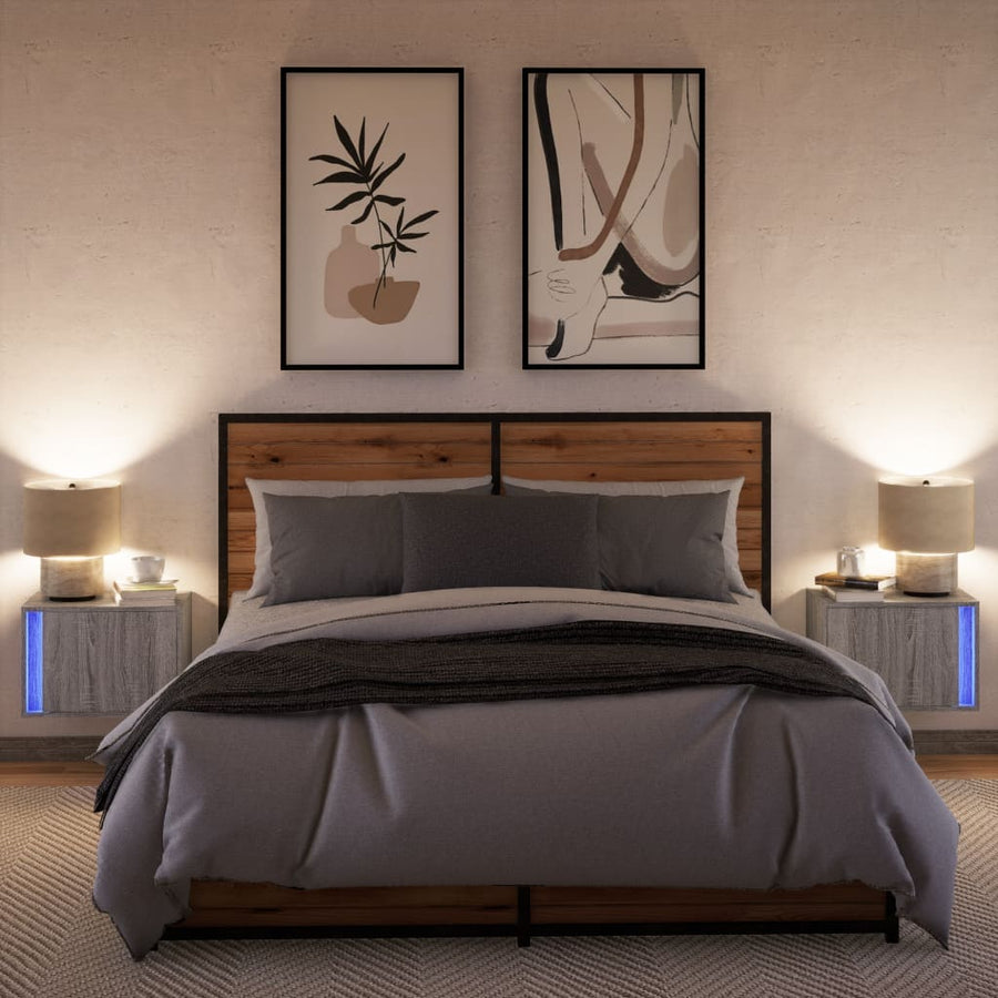 Nachtkastjes met LED's 2 st wandgemonteerd grijs sonoma eiken