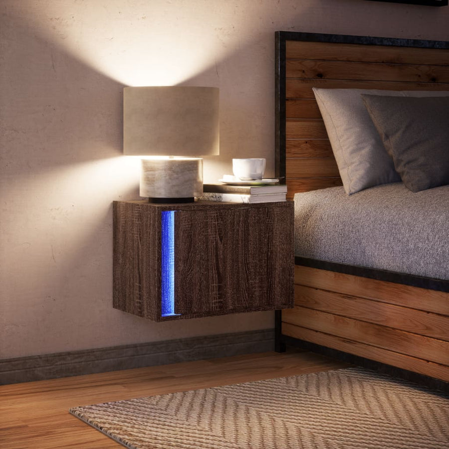 Nachtkastje met LED's wandgemonteerd bruin eikenkleur