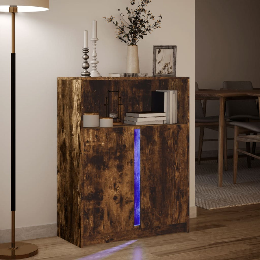 Dressoir met LED 77x34x100 cm bewerkt hout gerookt eikenkleurig