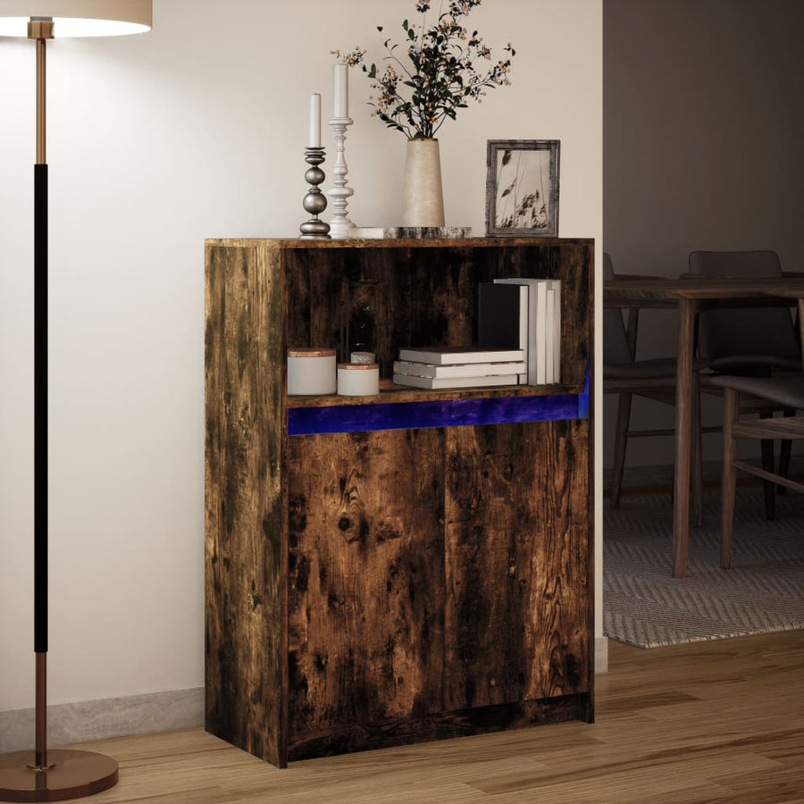 Dressoir met LED 72x34x100 cm bewerkt hout gerookt eikenkleurig