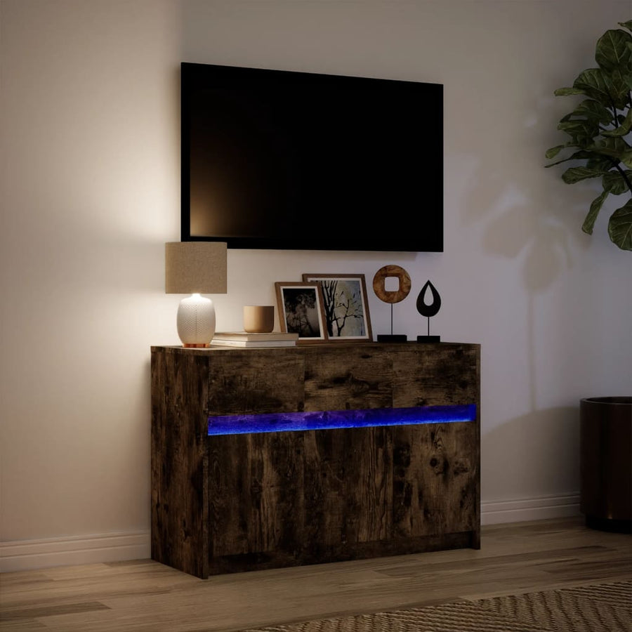 Tv-meubel met LED 91x34x61 cm bewerkt hout gerookt eikenkleur