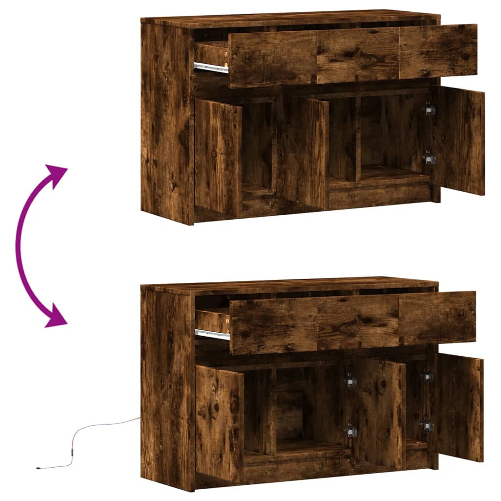 Tv-meubel met LED 91x34x61 cm bewerkt hout gerookt eikenkleur