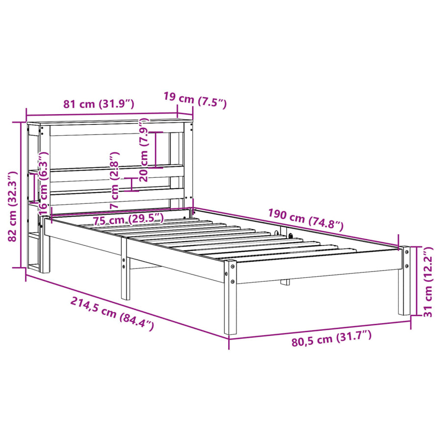 Bedframe zonder matras massief grenenhout wit 75x190 cm