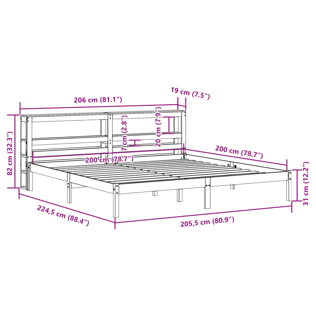Bedframe met hoofdbord massief grenenhout wasbruin 200x200 cm