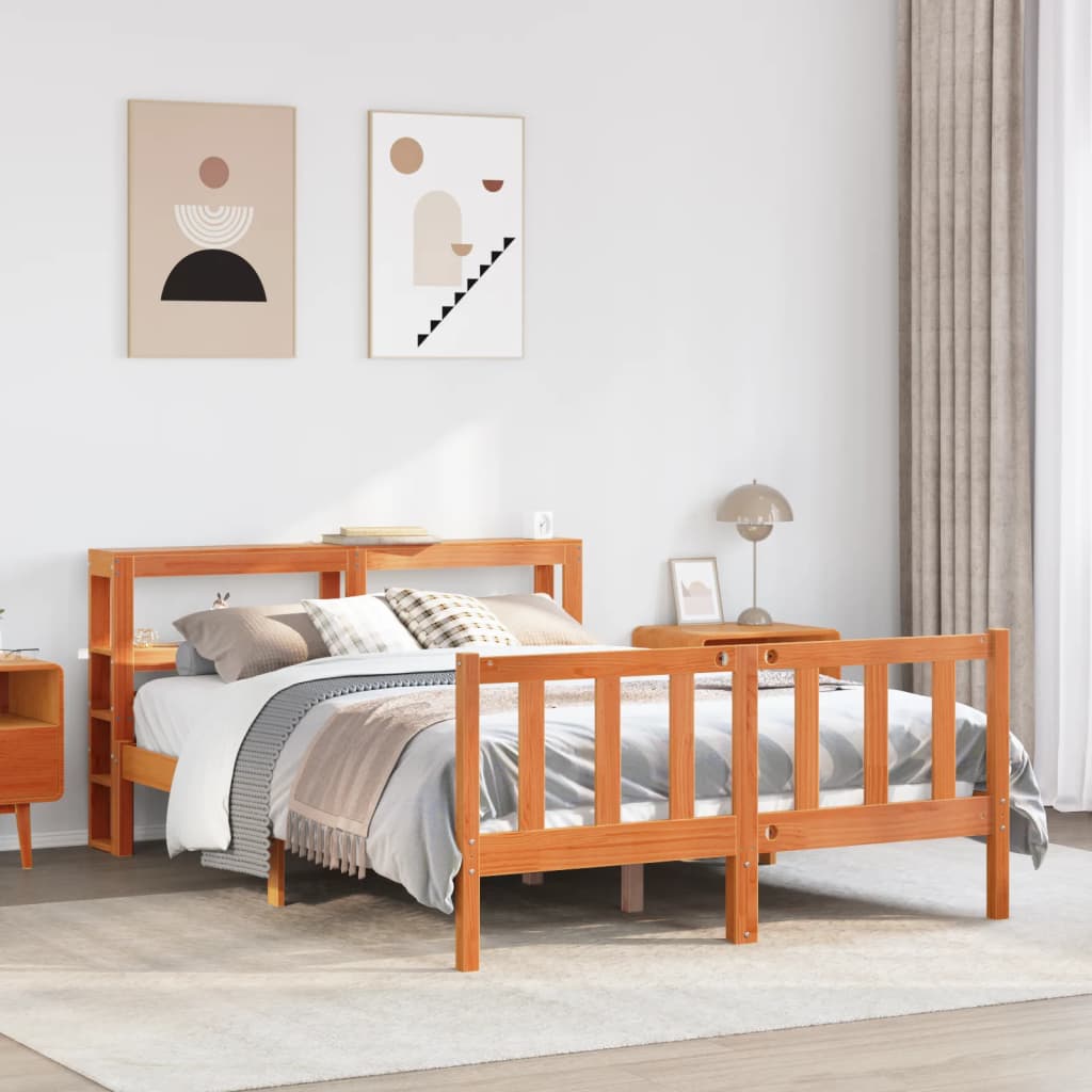 Bedframe met hoofdbord massief grenenhout wasbruin 135x190 cm