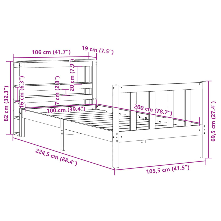 Bedframe met hoofdbord massief grenenhout wasbruin 100x200 cm