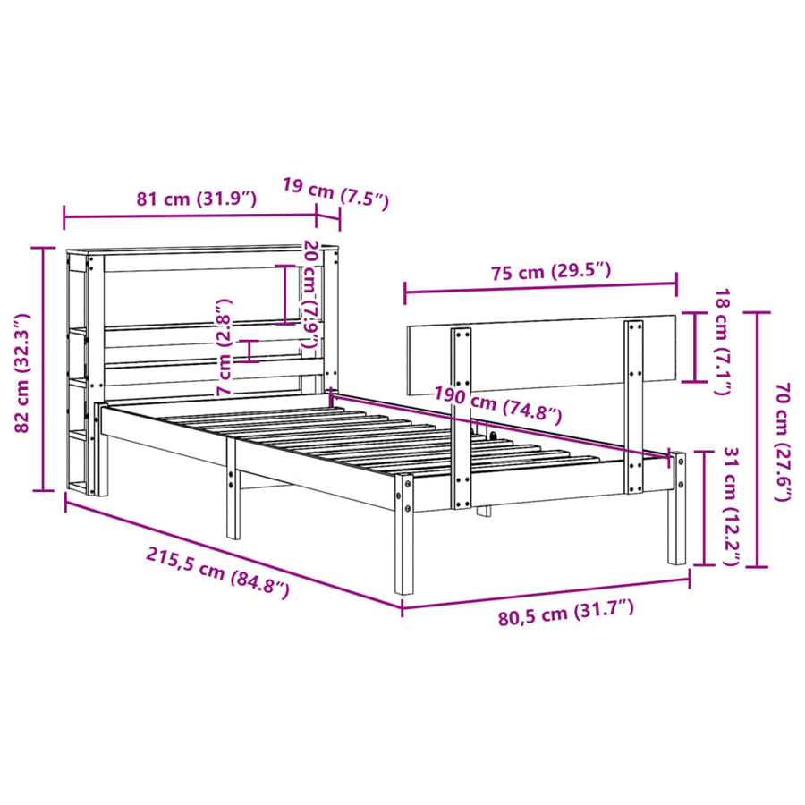 Bedframe zonder matras massief grenenhout wit 75x190 cm