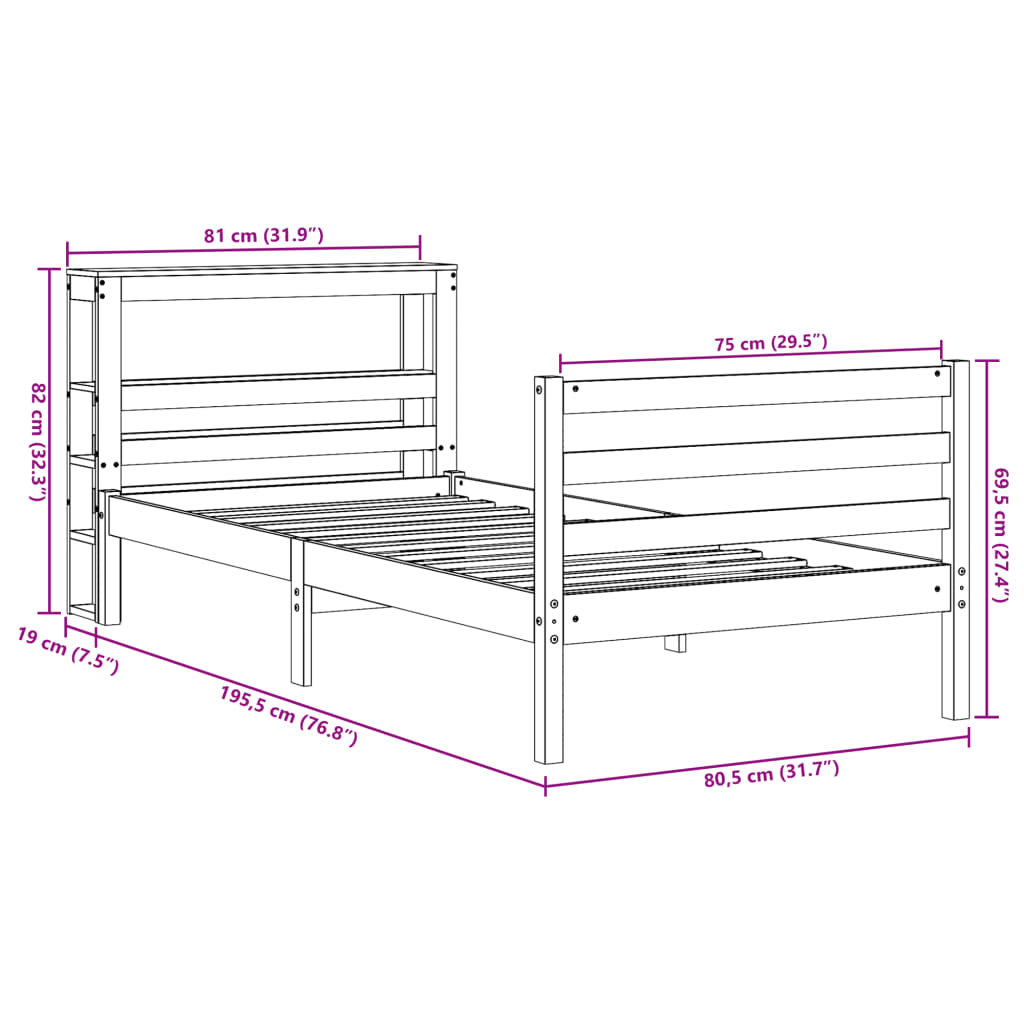 Bedframe zonder matras massief grenenhout wit 75x190 cm