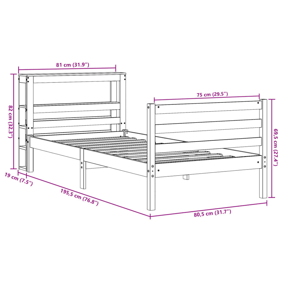 Bedframe zonder matras massief grenenhout wasbruin 75x190 cm