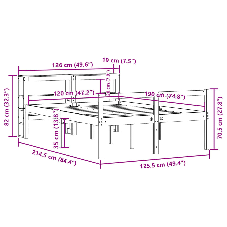 Bedframe met hoofdbord massief grenenhout wasbruin 120x190 cm