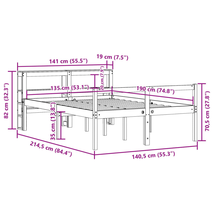 Bedframe met hoofdbord massief grenenhout wasbruin 135x190 cm
