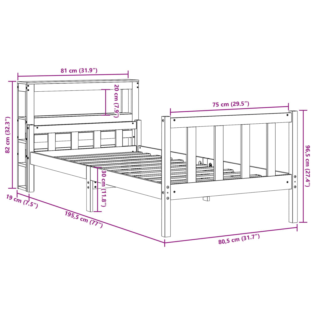 Bedframe met hoofdbord massief grenenhout wasbruin 75x190 cm