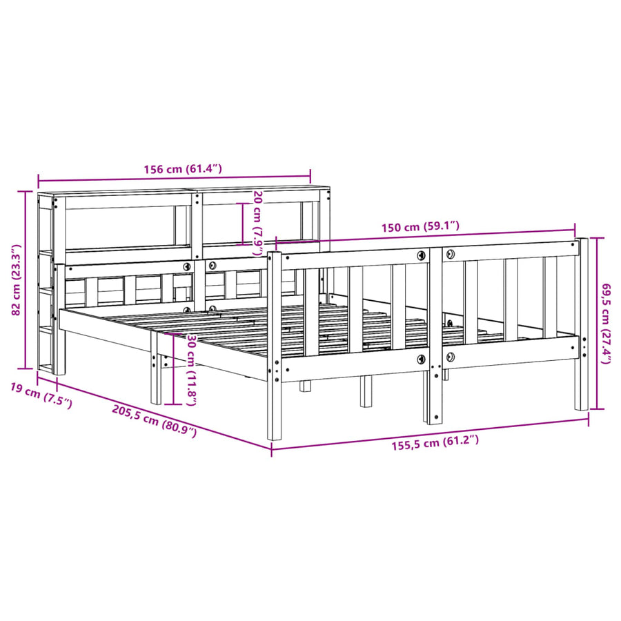 Bedframe met hoofdbord massief grenenhout wasbruin 150x200 cm