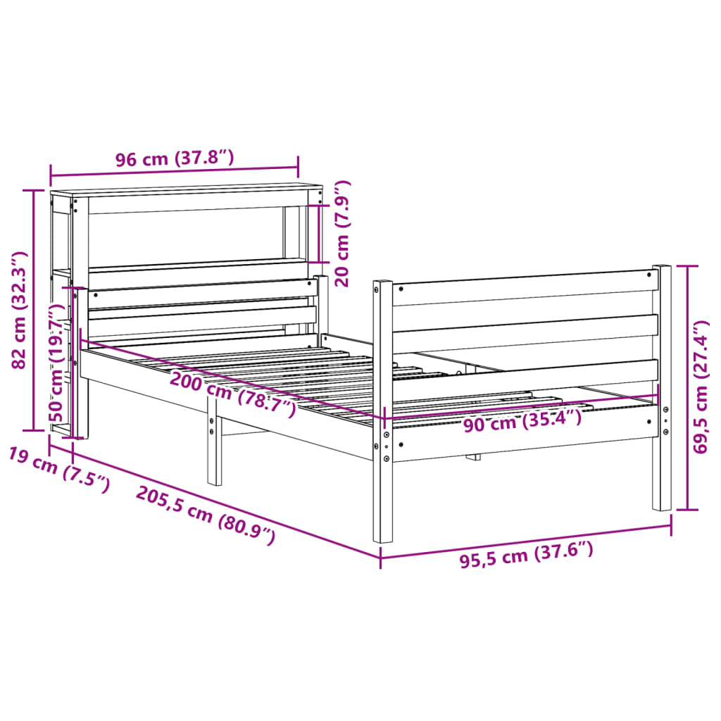Bedframe met hoofdbord massief grenenhout 90x200 cm